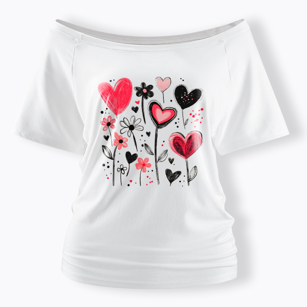 Colorful Heart Flower Off Shoulder T-Shirt