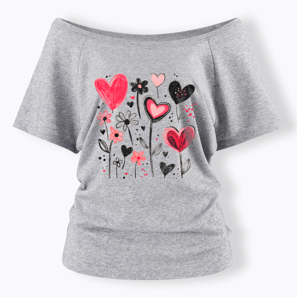 Colorful Heart Flower Off Shoulder T-Shirt