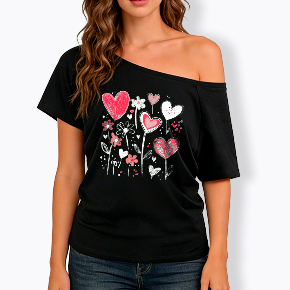 Colorful Heart Flower Off Shoulder T-Shirt