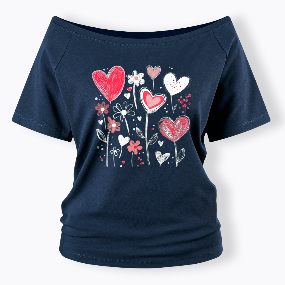 Colorful Heart Flower Off Shoulder T-Shirt
