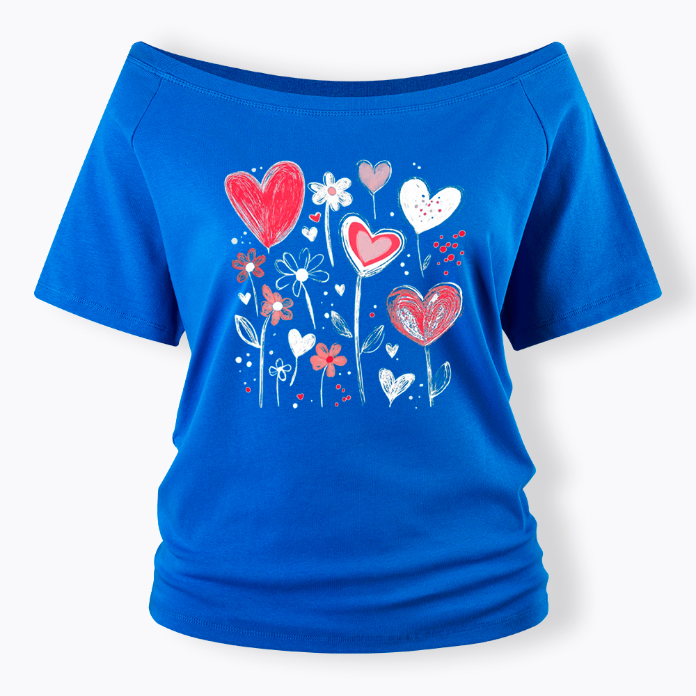 Colorful Heart Flower Off Shoulder T-Shirt