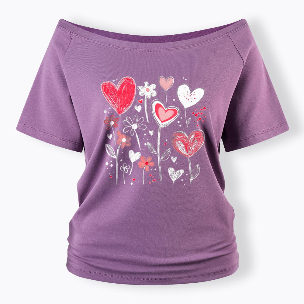 Colorful Heart Flower Off Shoulder T-Shirt