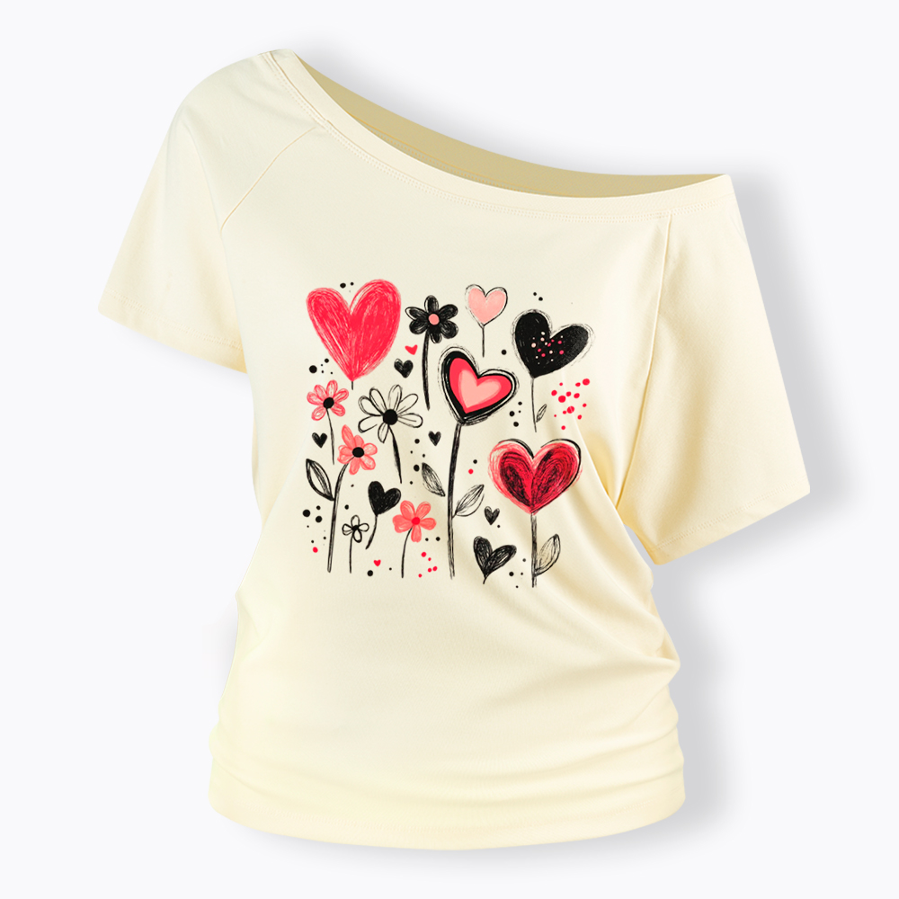 Colorful Heart Flower Off Shoulder T-Shirt