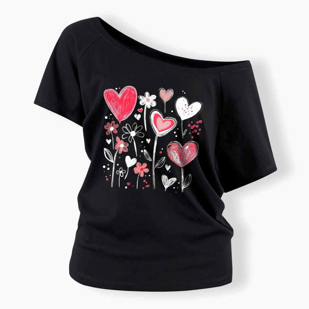 Colorful Heart Flower Off Shoulder T-Shirt