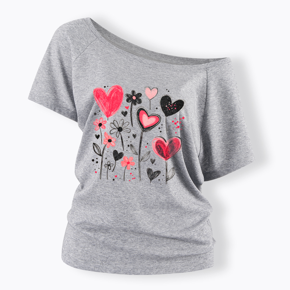 Colorful Heart Flower Off Shoulder T-Shirt