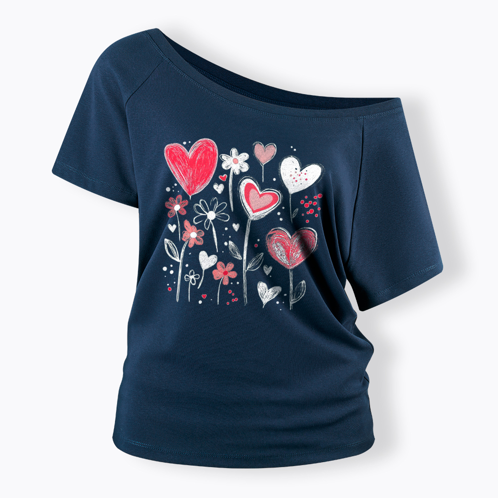 Colorful Heart Flower Off Shoulder T-Shirt