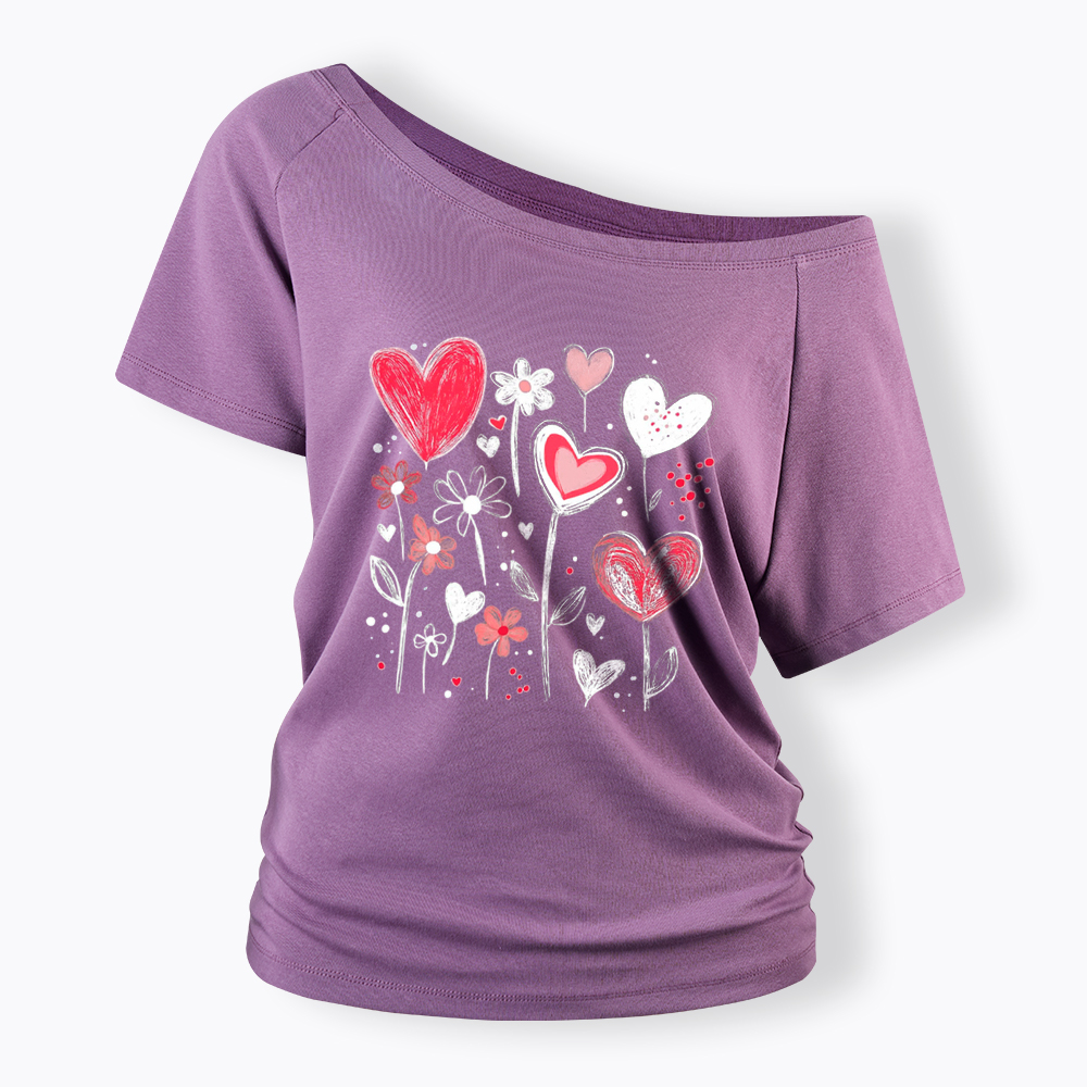 Colorful Heart Flower Off Shoulder T-Shirt