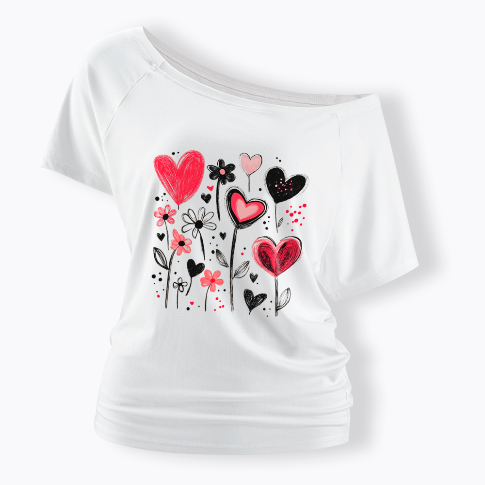 Colorful Heart Flower Off Shoulder T-Shirt