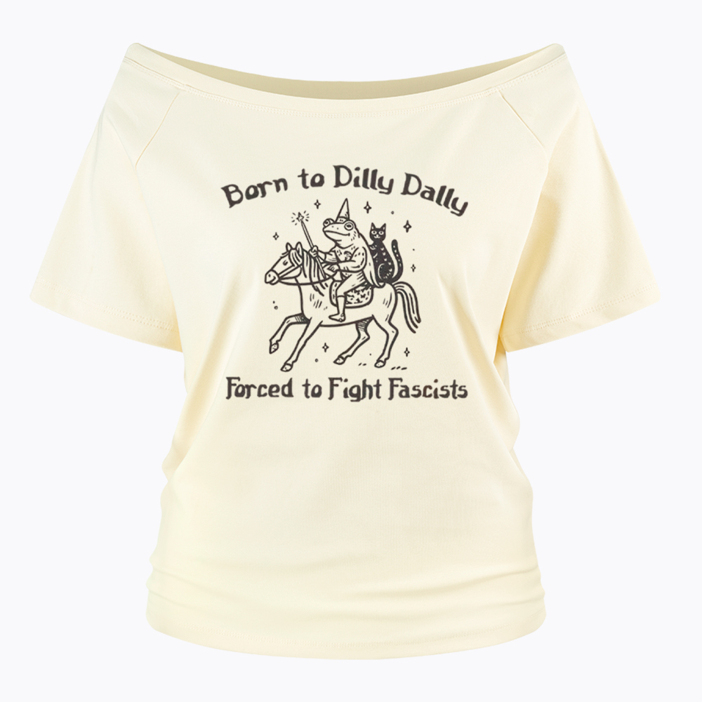 Born to Dilly Dally Funny Medieval Frog Off Shoulder T-Shirt
