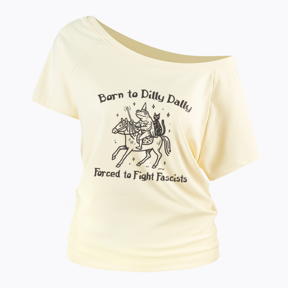 Born to Dilly Dally Funny Medieval Frog Off Shoulder T-Shirt