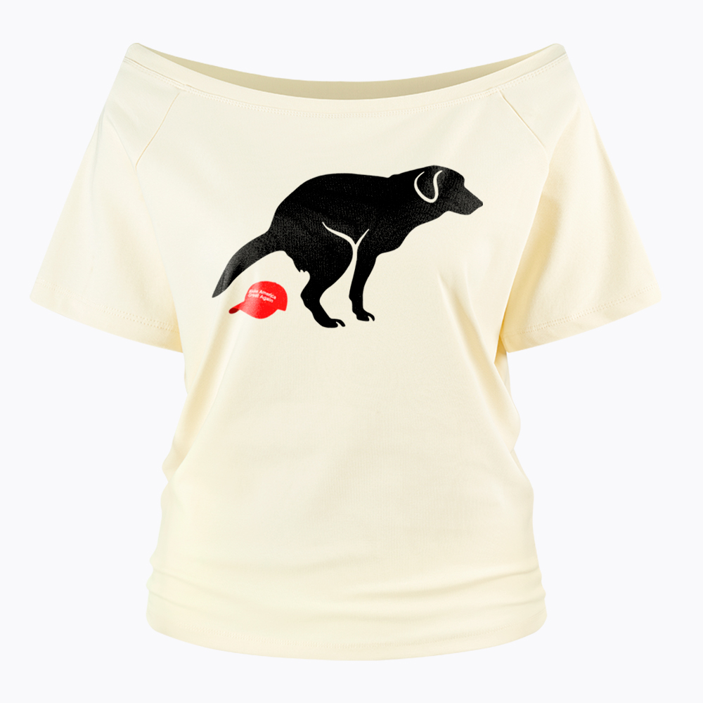 Dog Pooping on Hat Off Shoulder T-Shirt
