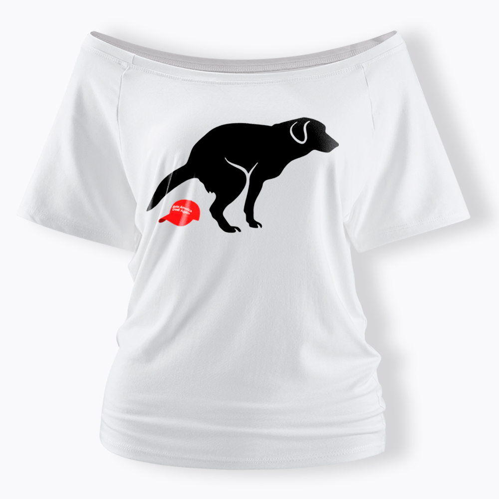 Dog Pooping on Hat Off Shoulder T-Shirt
