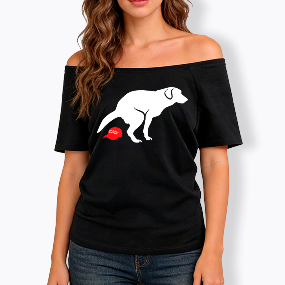 Dog Pooping on Hat Off Shoulder T-Shirt