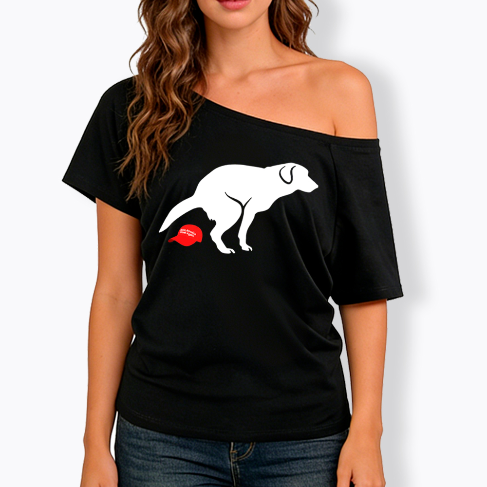 Dog Pooping on Hat Off Shoulder T-Shirt