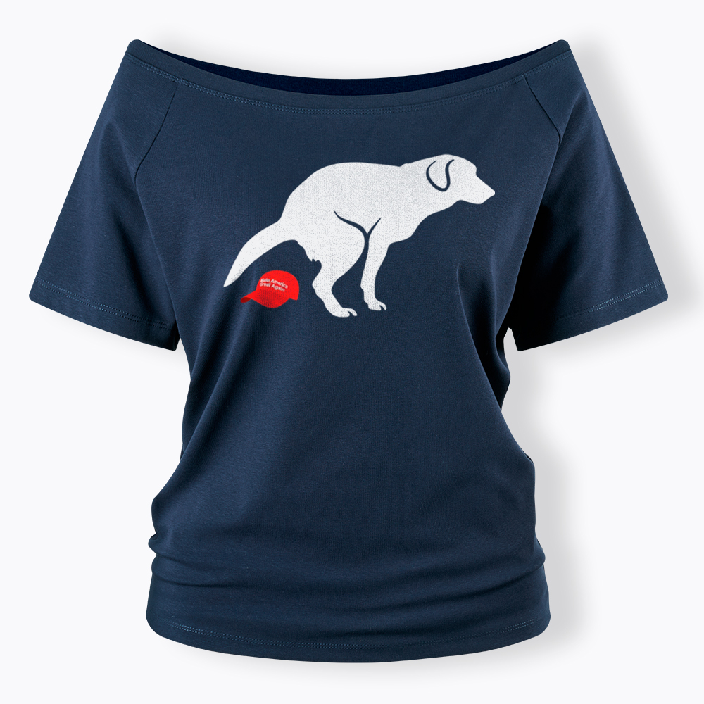 Dog Pooping on Hat Off Shoulder T-Shirt