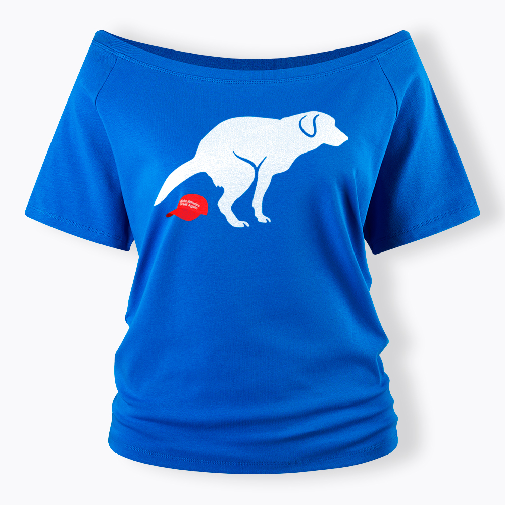 Dog Pooping on Hat Off Shoulder T-Shirt