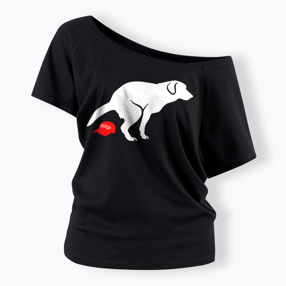Dog Pooping on Hat Off Shoulder T-Shirt