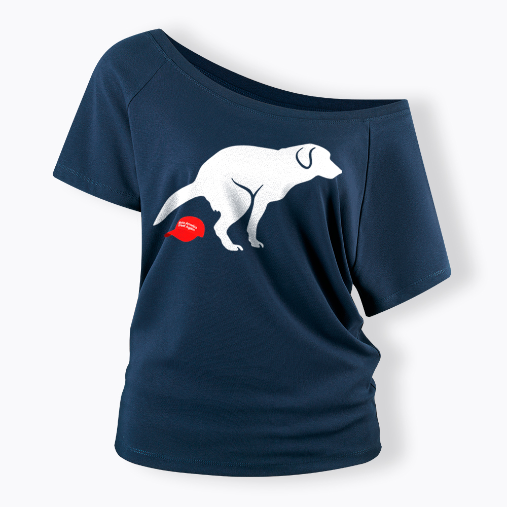 Dog Pooping on Hat Off Shoulder T-Shirt