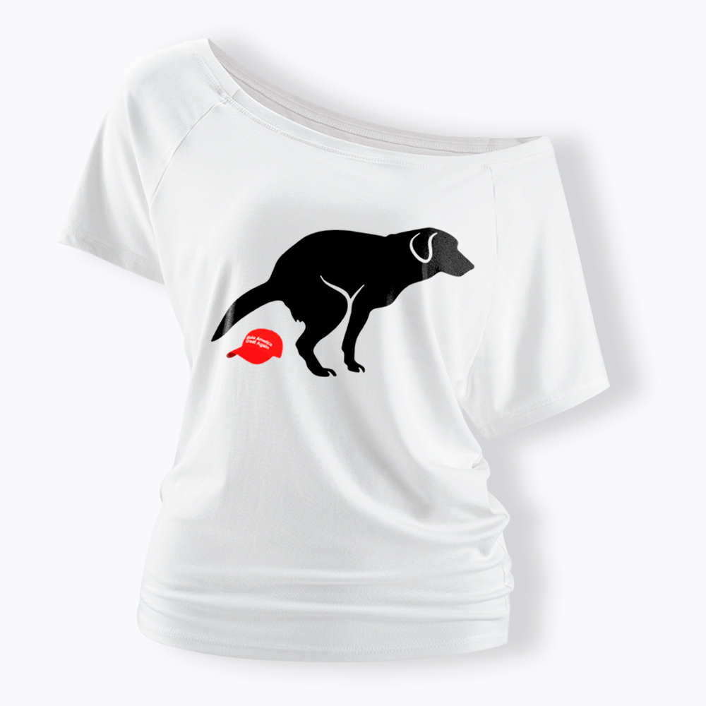 Dog Pooping on Hat Off Shoulder T-Shirt