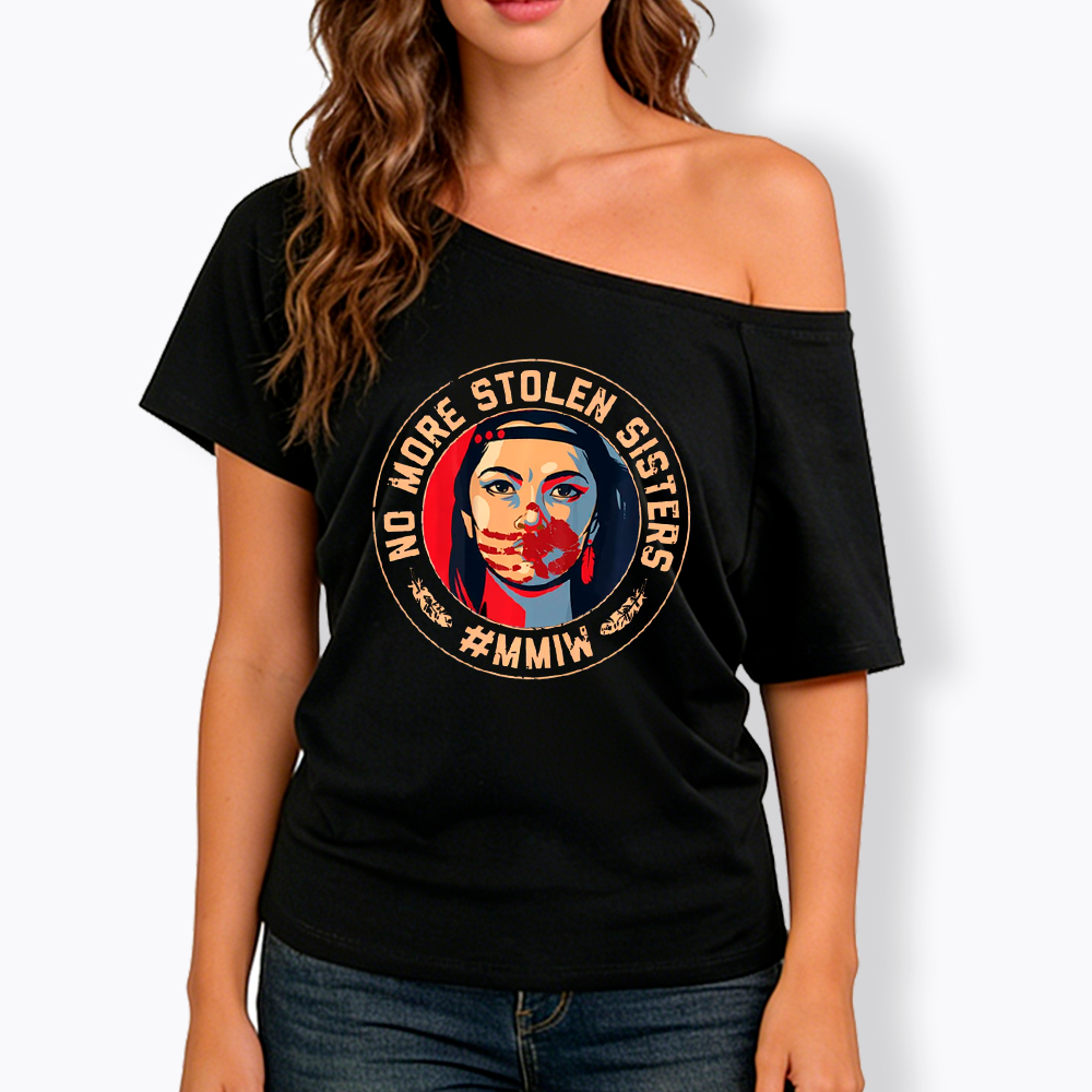 MMIW No More Stolen Sisters Indigenous Red Hand Off Shoulder T-Shirt