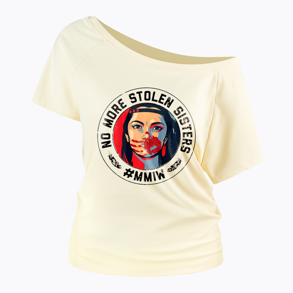 MMIW No More Stolen Sisters Indigenous Red Hand Off Shoulder T-Shirt