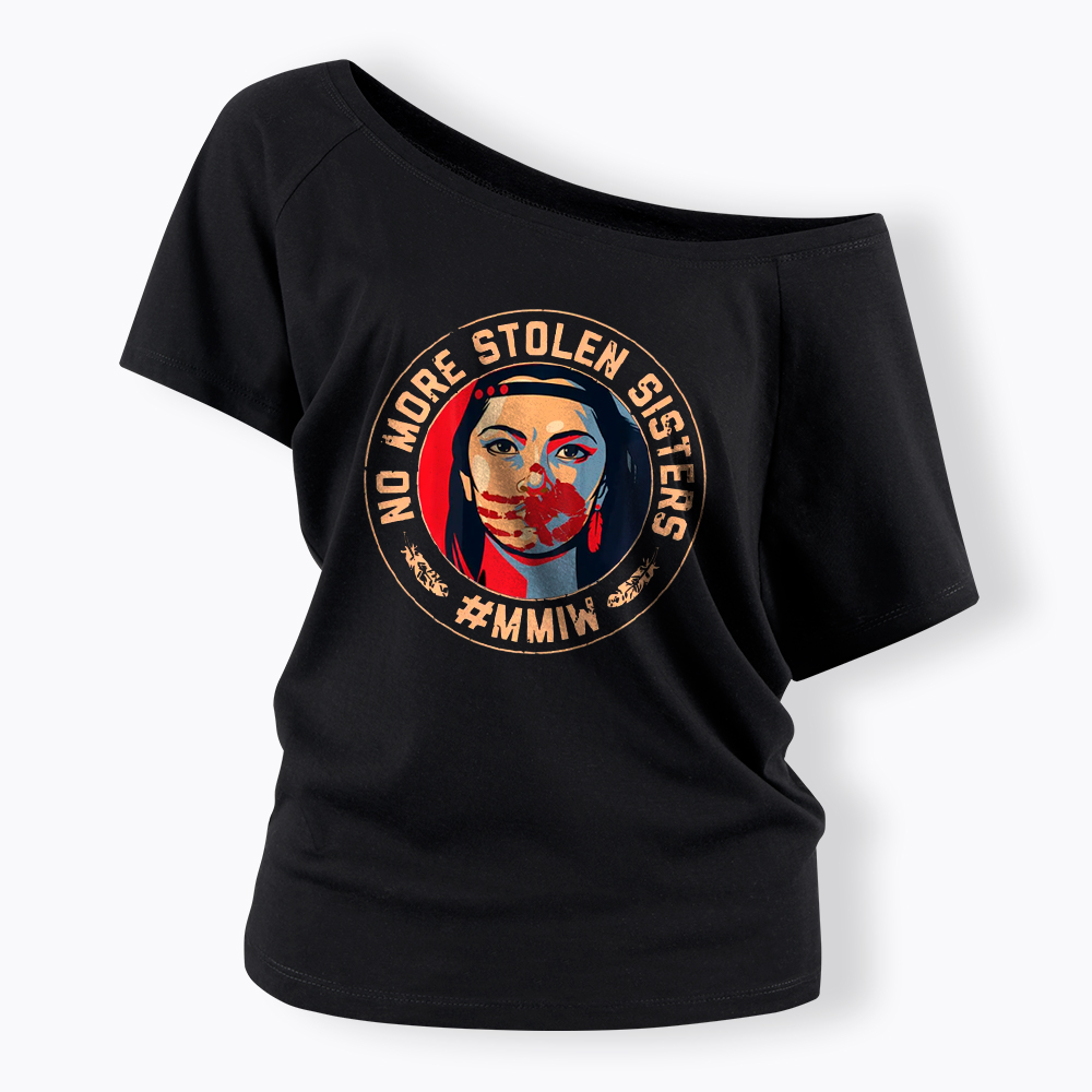 MMIW No More Stolen Sisters Indigenous Red Hand Off Shoulder T-Shirt