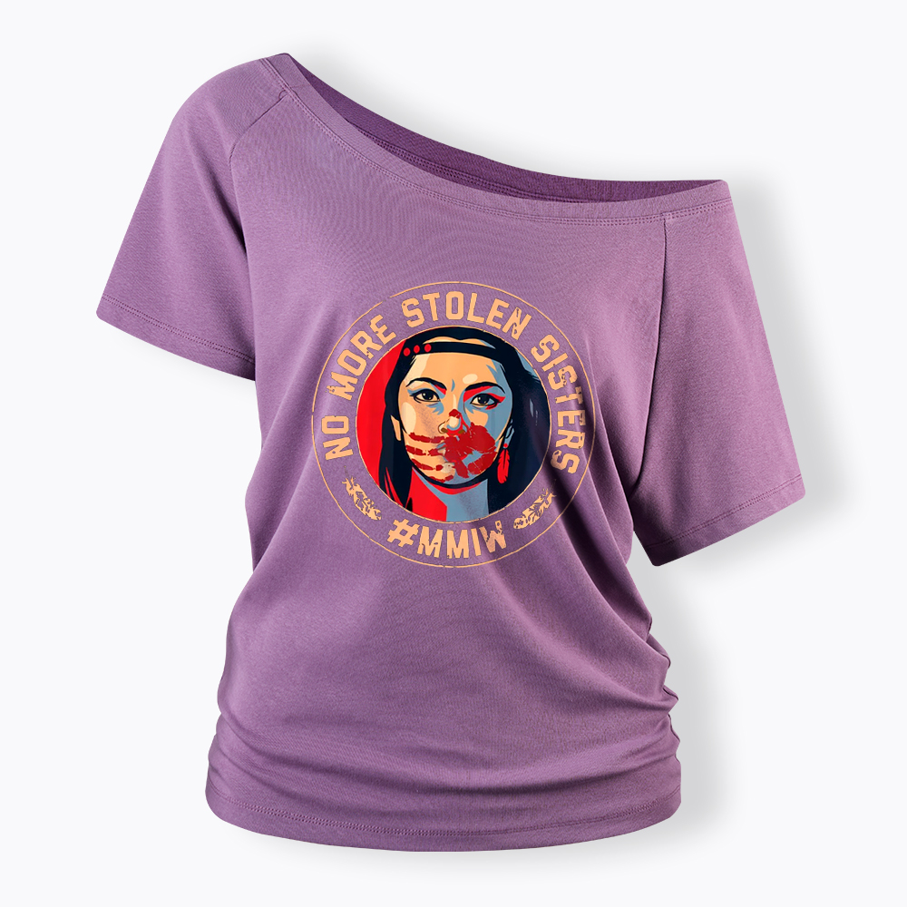 MMIW No More Stolen Sisters Indigenous Red Hand Off Shoulder T-Shirt