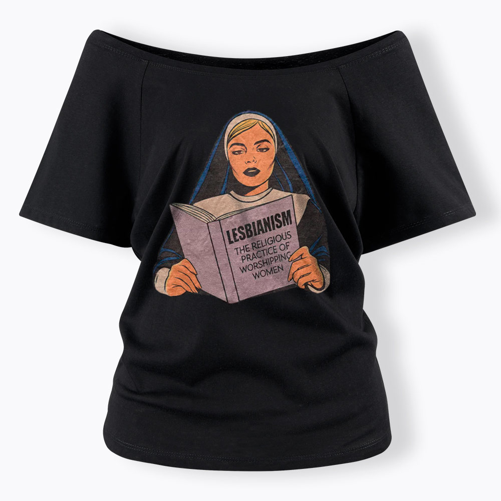 Nun Reading Lesbian Book Off Shoulder T-Shirt