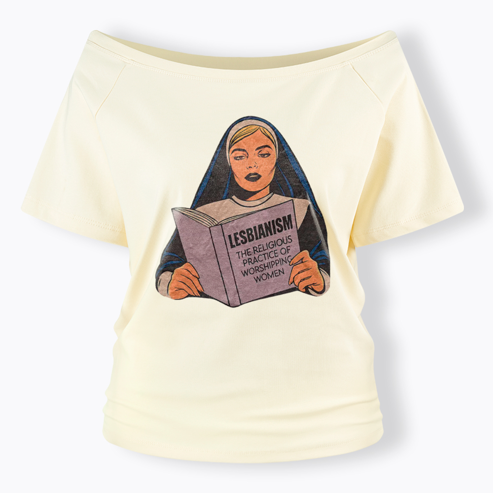 Nun Reading Lesbian Book Off Shoulder T-Shirt