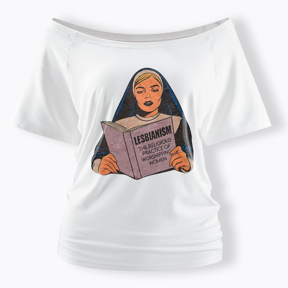 Nun Reading Lesbian Book Off Shoulder T-Shirt
