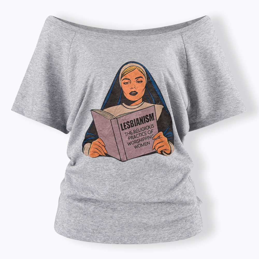Nun Reading Lesbian Book Off Shoulder T-Shirt