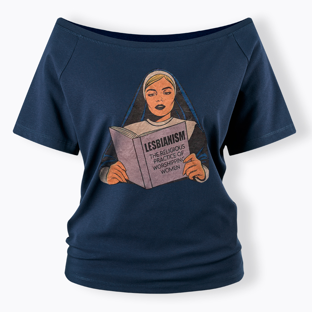 Nun Reading Lesbian Book Off Shoulder T-Shirt