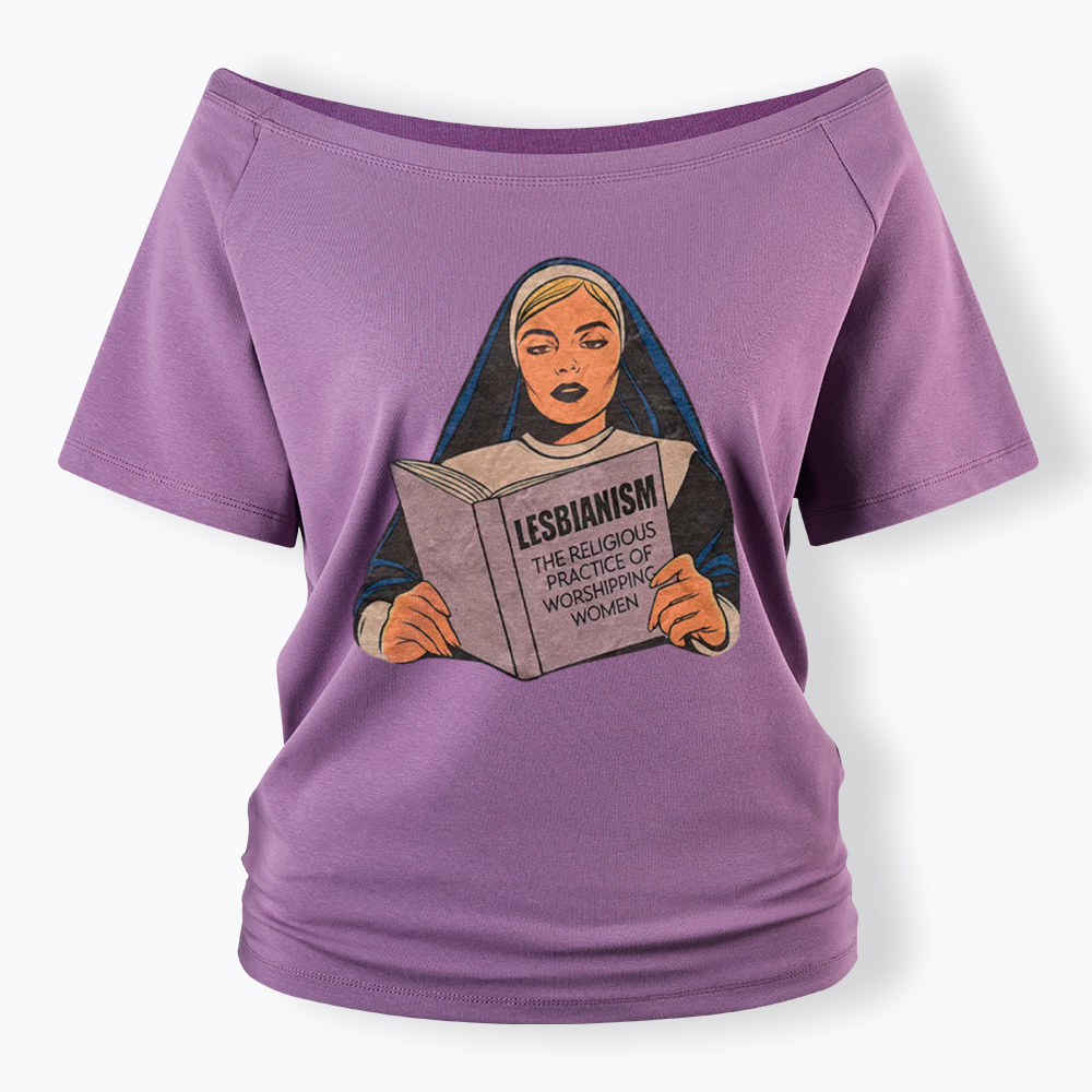 Nun Reading Lesbian Book Off Shoulder T-Shirt