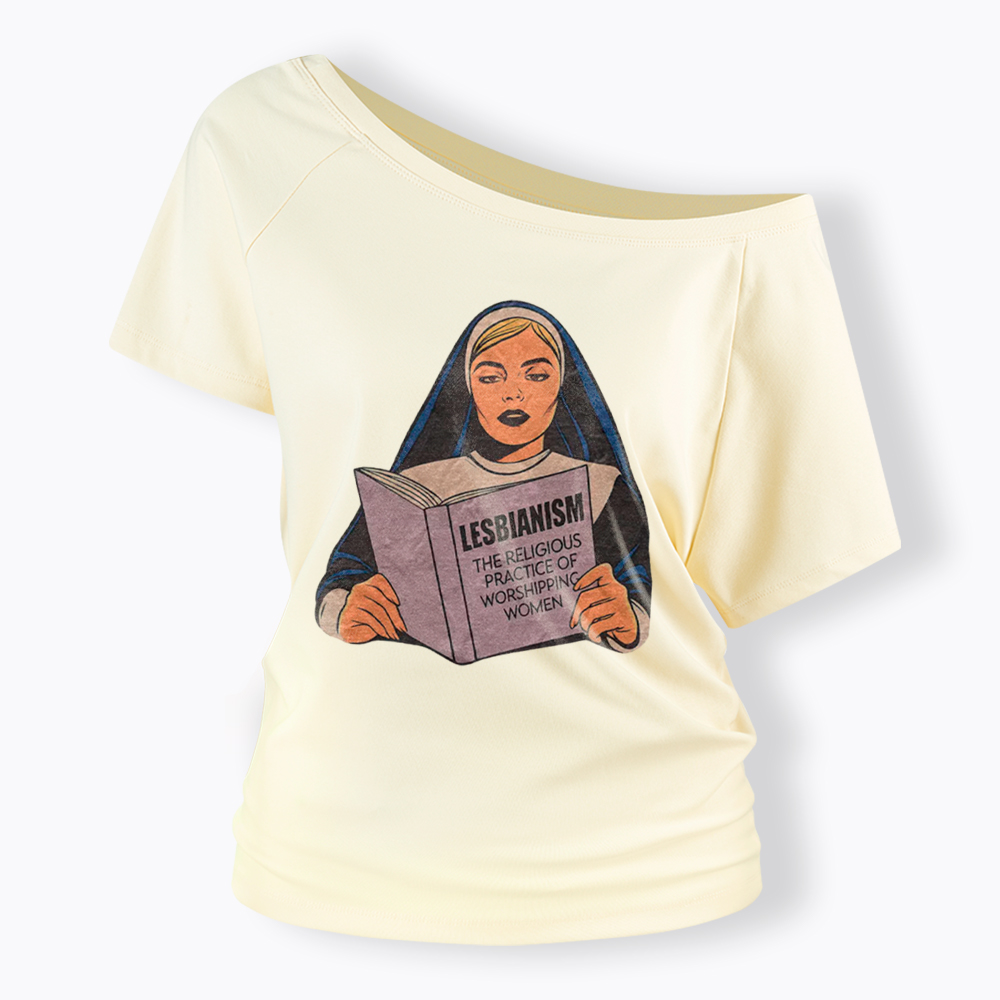 Nun Reading Lesbian Book Off Shoulder T-Shirt