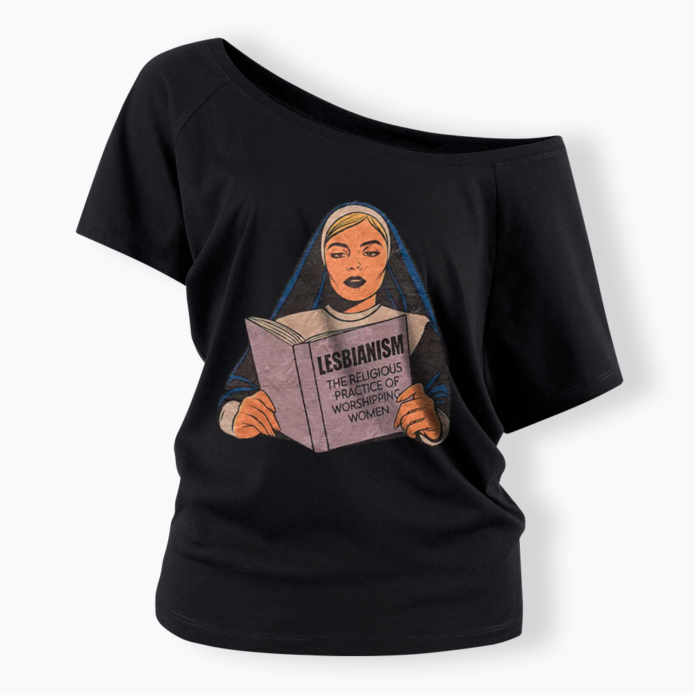 Nun Reading Lesbian Book Off Shoulder T-Shirt