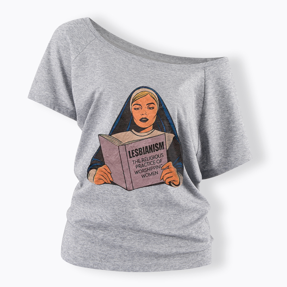 Nun Reading Lesbian Book Off Shoulder T-Shirt