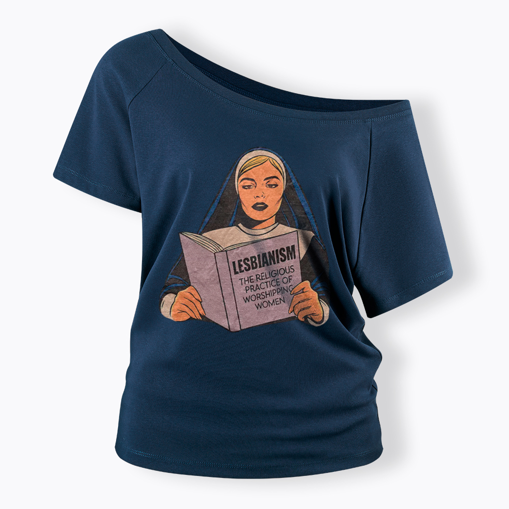 Nun Reading Lesbian Book Off Shoulder T-Shirt