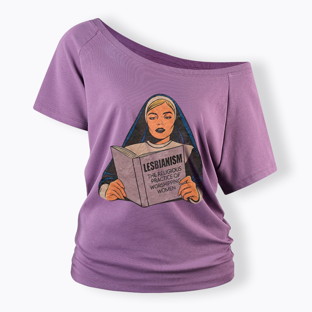 Nun Reading Lesbian Book Off Shoulder T-Shirt