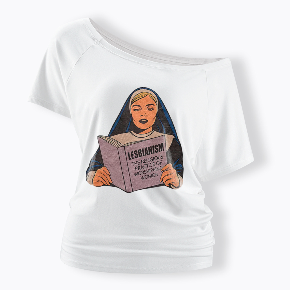 Nun Reading Lesbian Book Off Shoulder T-Shirt
