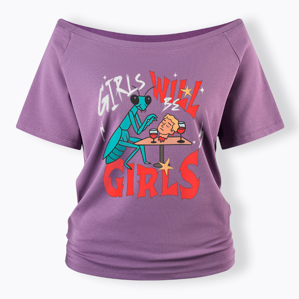 Girls Will Be Girls Praying Mantis Off Shoulder T-Shirt