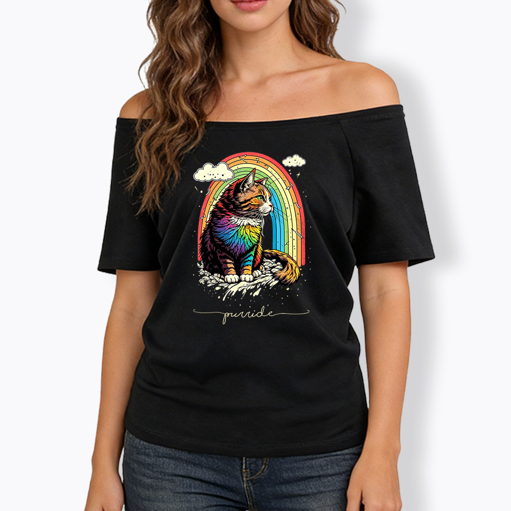 Cat Rainbow Off Shoulder T-shirt