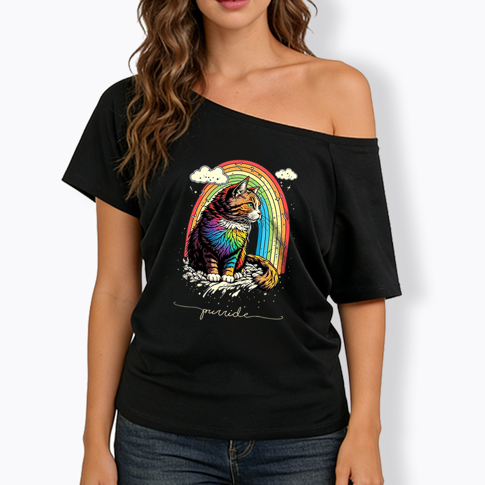 Cat Rainbow Off Shoulder T-shirt