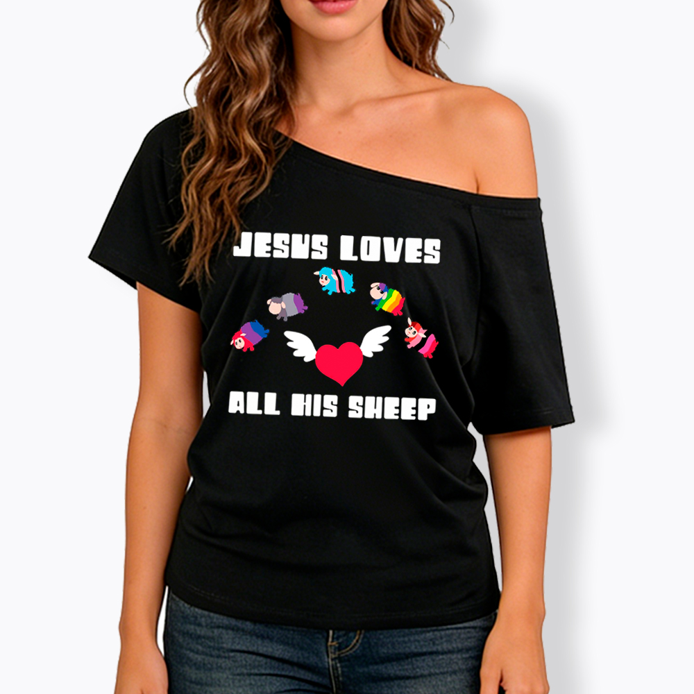Jesus Loves All Sheep Pride Off Shoulder T-Shirt