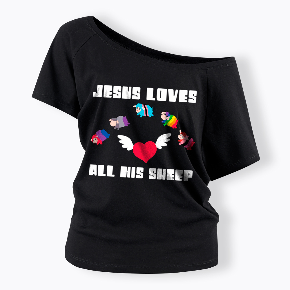 Jesus Loves All Sheep Pride Off Shoulder T-Shirt