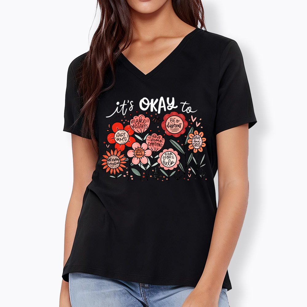 It's Okay Floral Mental Health Motivational V-Neck Classic T-Shirt