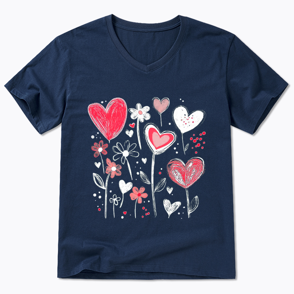 Colorful Heart Flower V-Neck Classic T-Shirt