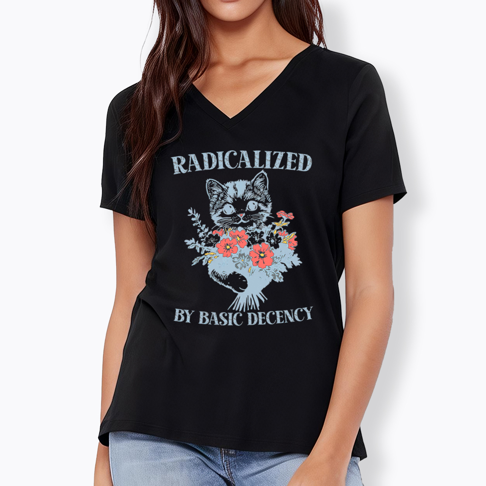 Radicalized By Basic Decency Cat Floral Feminist V-Neck Classic T-Shirt