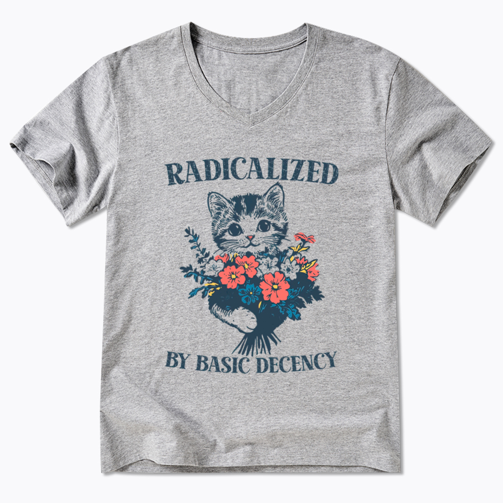 Radicalized By Basic Decency Cat Floral Feminist V-Neck Classic T-Shirt
