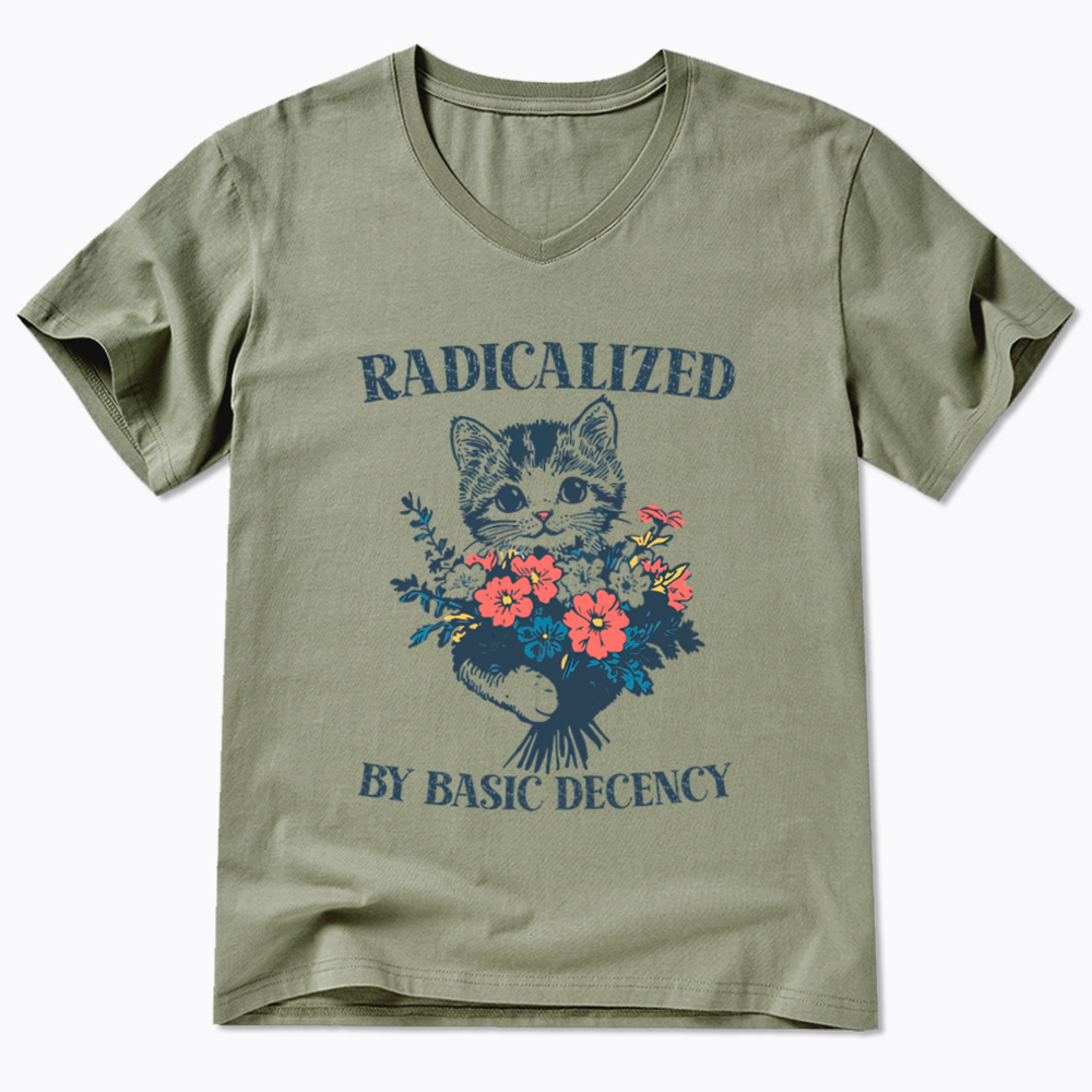 Radicalized By Basic Decency Cat Floral Feminist V-Neck Classic T-Shirt