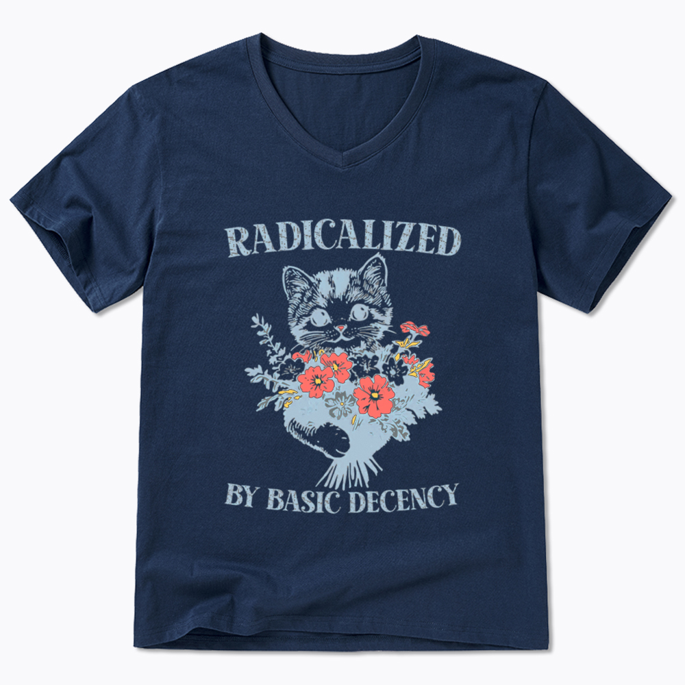 Radicalized By Basic Decency Cat Floral Feminist V-Neck Classic T-Shirt